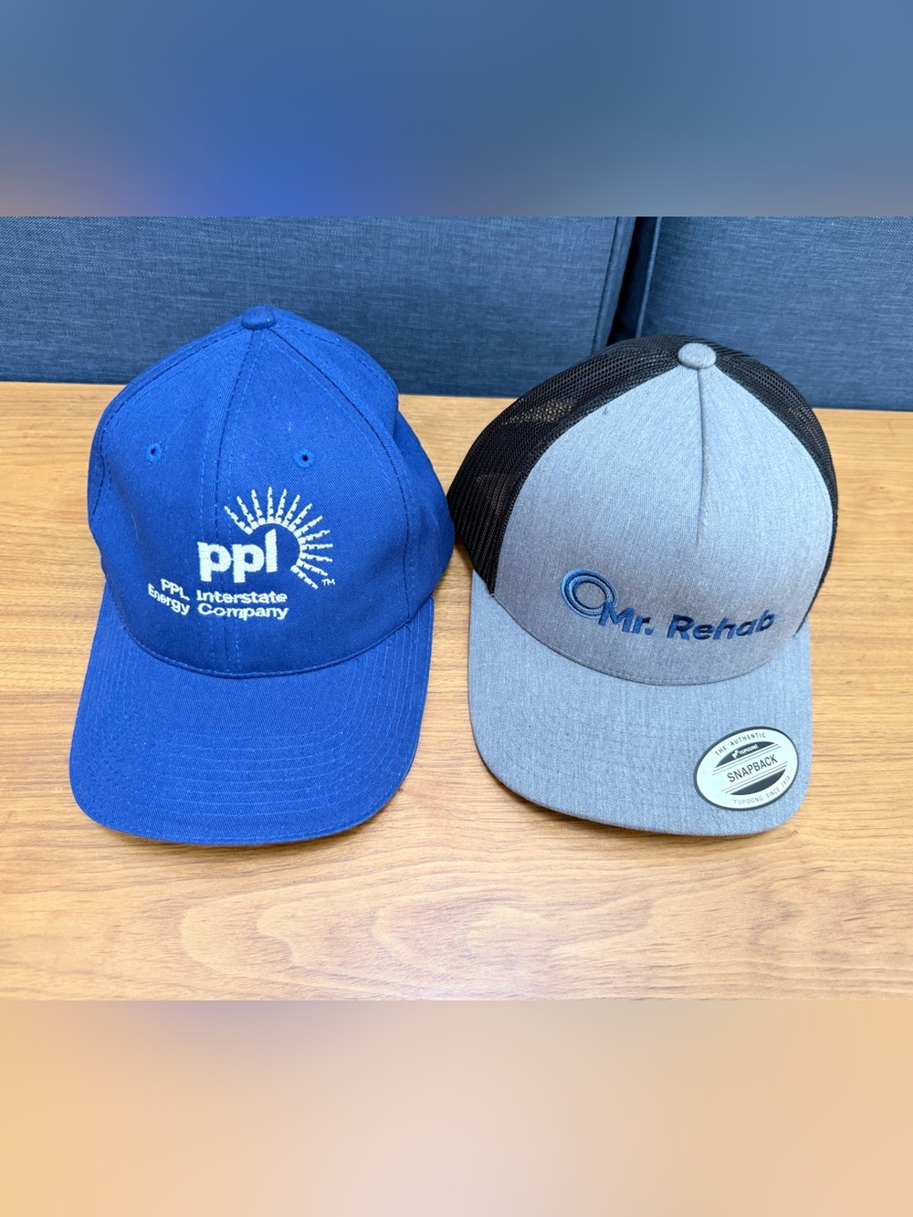 Lot of 2 Workwear Hats PPL Interstate Energy & Mr Rehab Yupoong Mesh Snapback